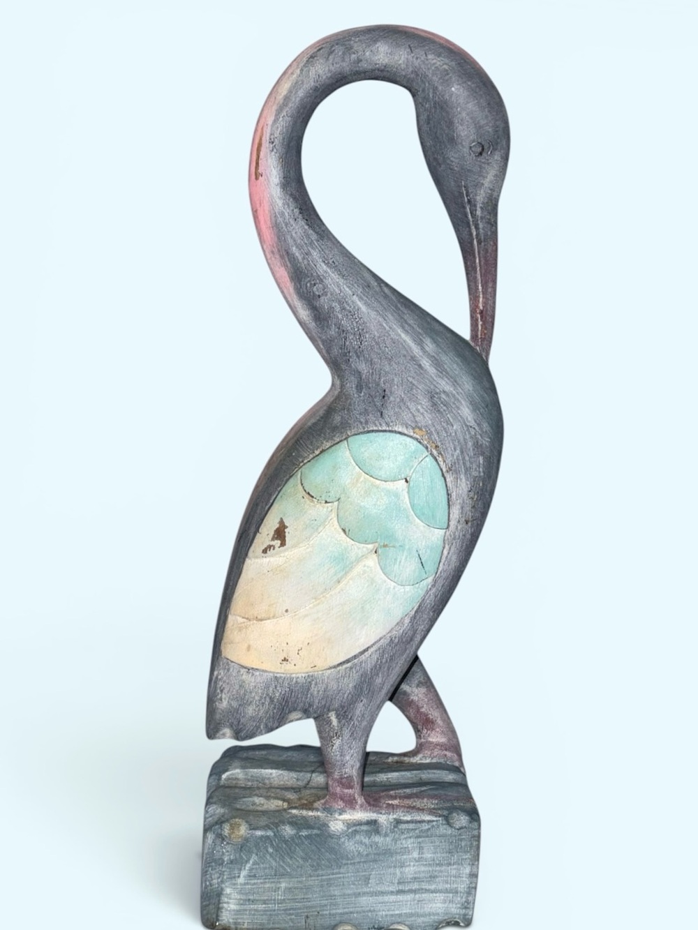 Vintage Handmade Carved Wooden Crane Seabird Nautical Herron Pastels Statue - Picture 2 of 6
